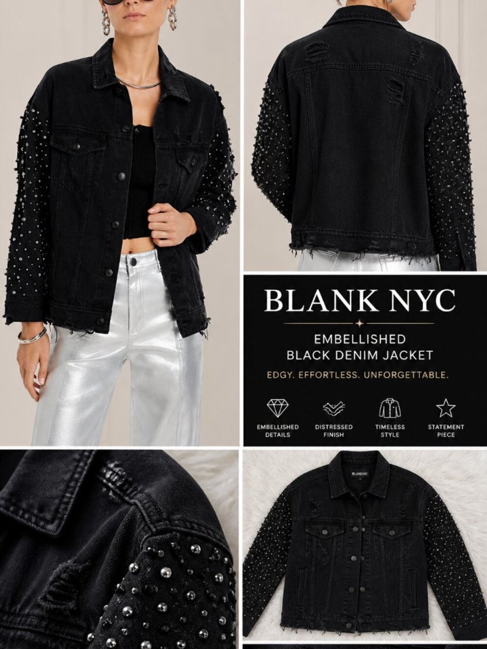 Blank NYC Embellished Black Denim Jacket Distressed Studded Size L NWOT Edgy Chi